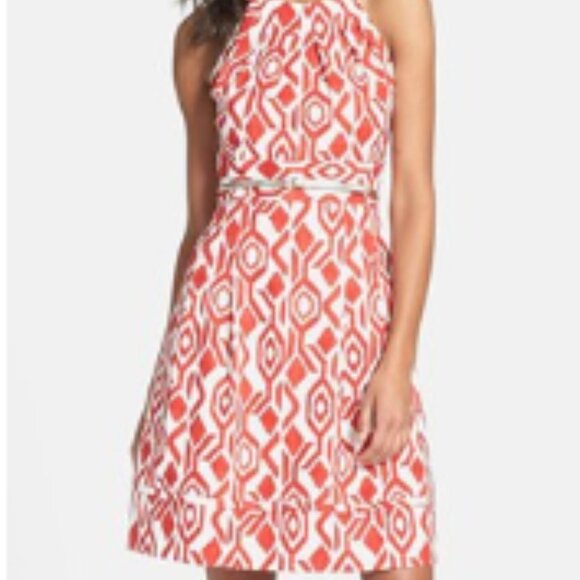 Eliza J sleeveless red/white ikat print lined cotton dress sz 4 - Picture 1 of 12